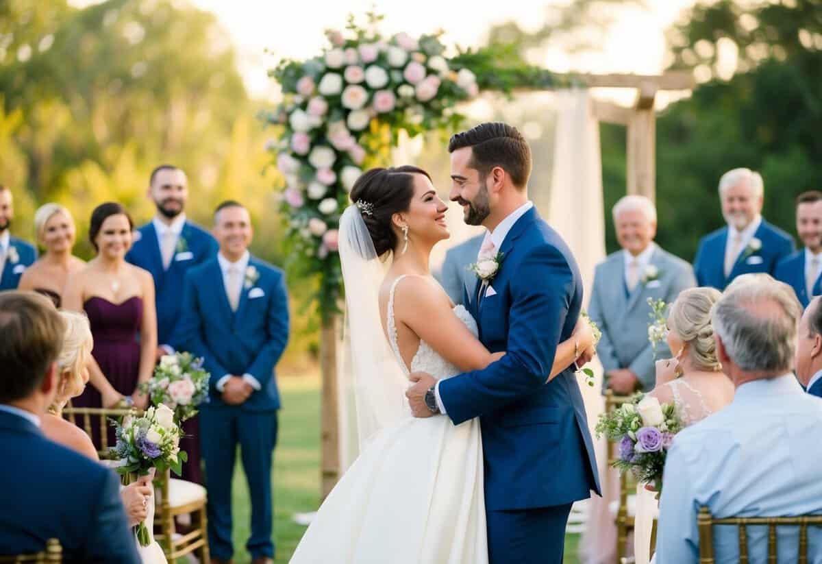 A wedding video includes a beautiful outdoor ceremony with flowers, a romantic first dance, and heartfelt speeches from loved ones