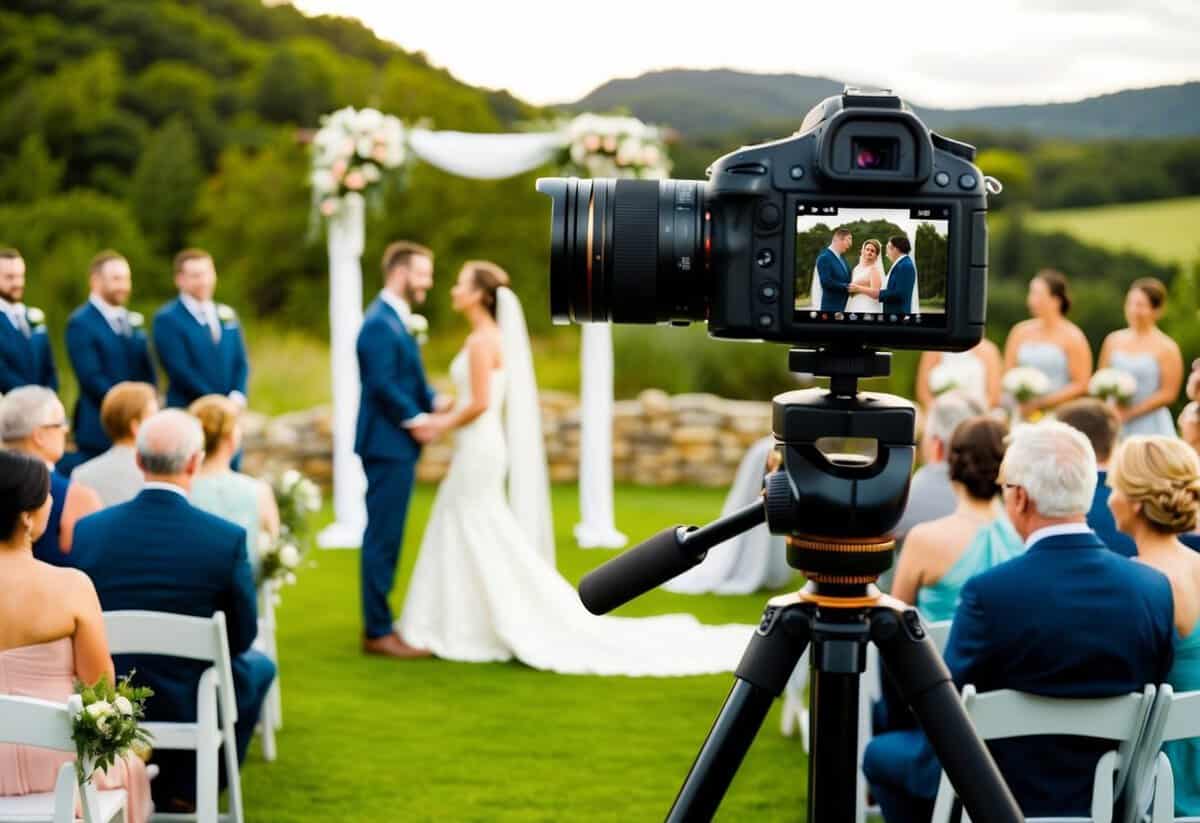 A camera on a tripod captures a bride and groom exchanging vows in a scenic outdoor setting, with guests seated in rows and a beautiful archway in the background