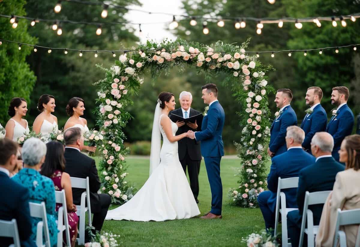 A picturesque outdoor wedding ceremony with a couple exchanging vows under a floral arch, surrounded by lush greenery and twinkling string lights
