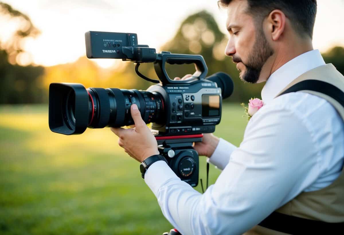 A wedding videographer carefully adjusts camera settings for optimal video format