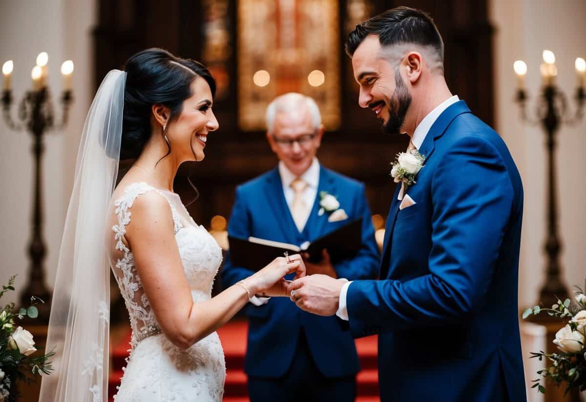 A bride and groom standing at the altar, exchanging vows and rings as the wedding video is being recorded