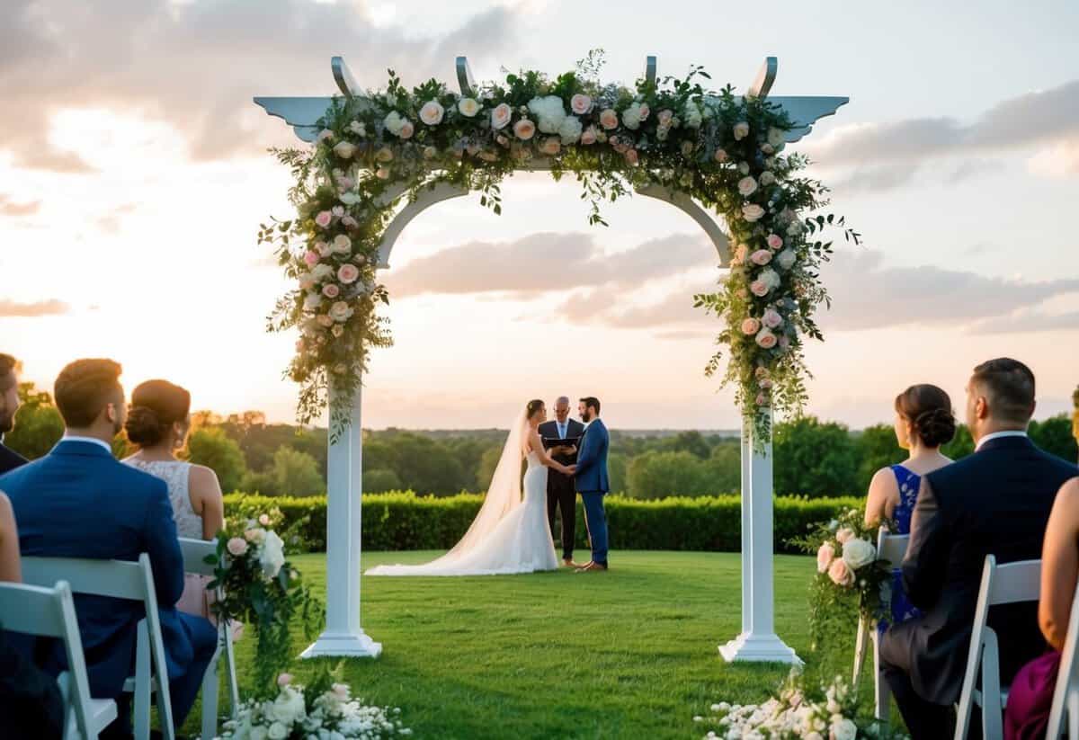 A picturesque outdoor wedding ceremony, with a flower-adorned arbor, lush greenery, and a romantic sunset backdrop