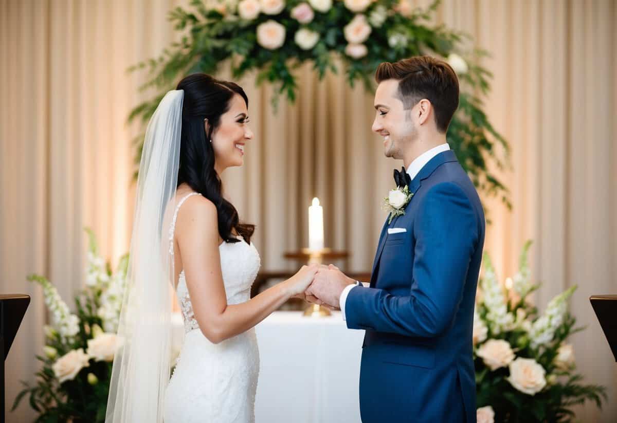 The bride and groom exchanging vows at the altar, with soft lighting and flowers in the background