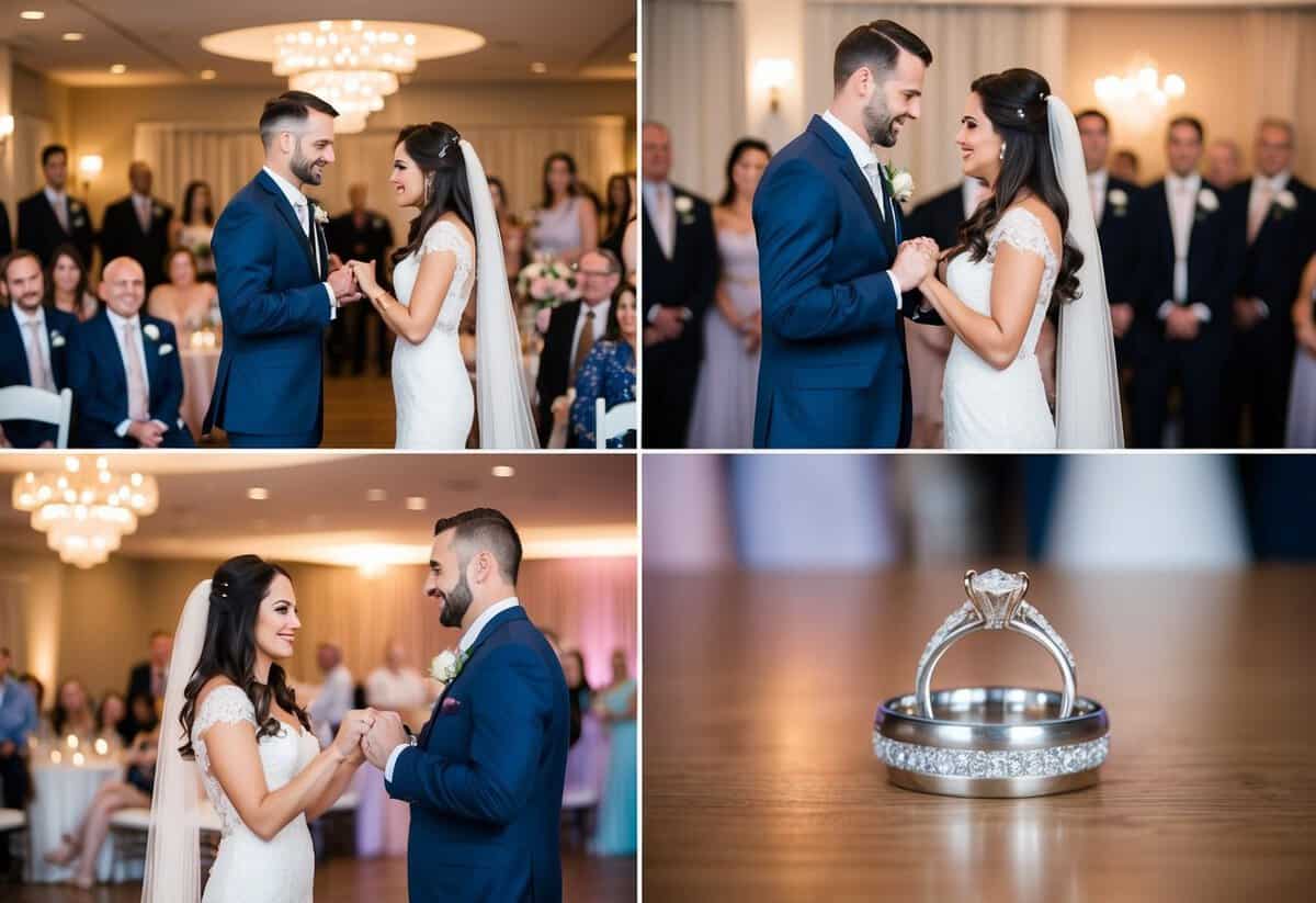 A couple exchanging vows in a decorated wedding venue with guests in attendance, a close-up of the rings being exchanged, and the newlyweds' first dance