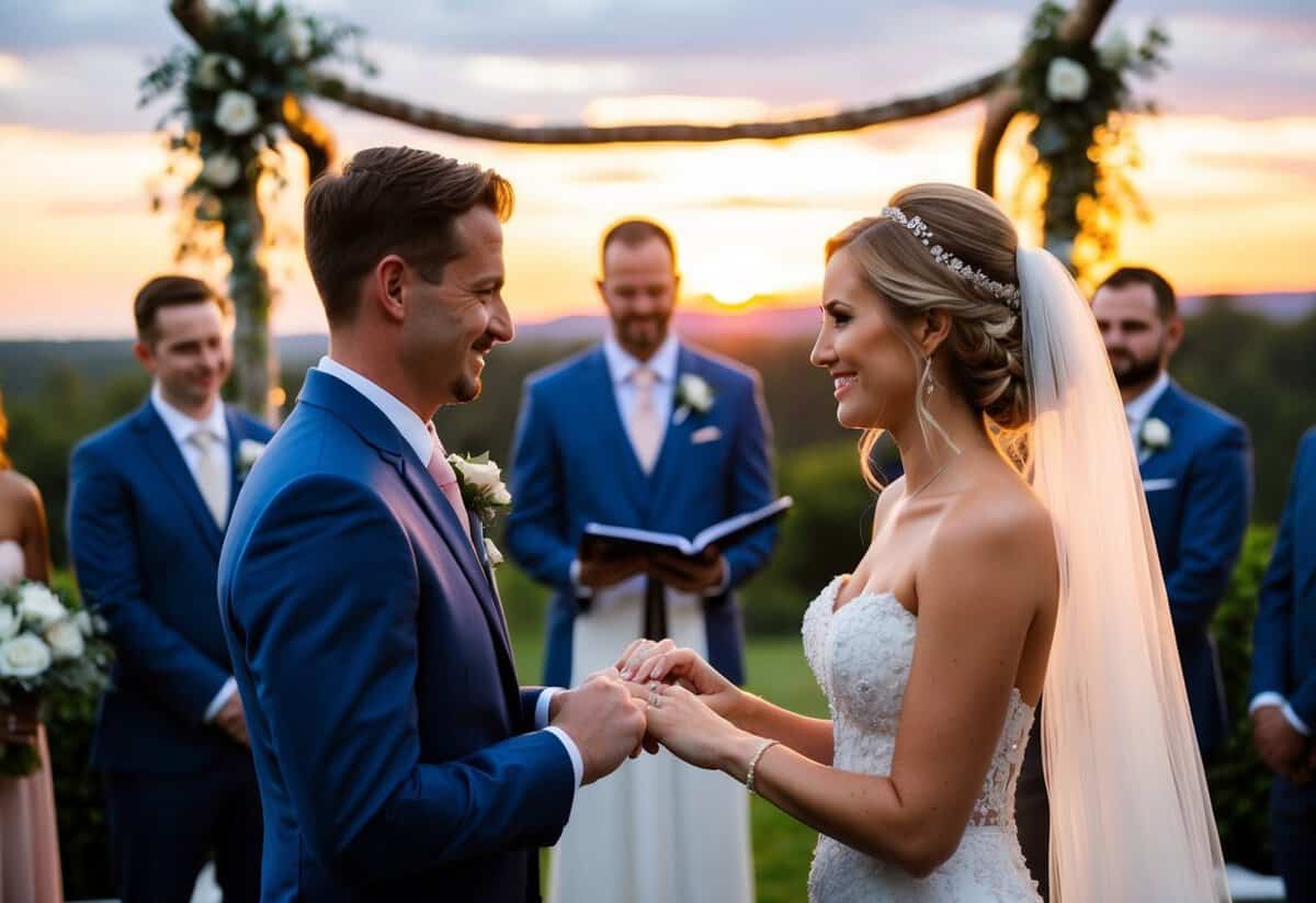 A picturesque outdoor wedding ceremony with a stunning sunset backdrop, capturing the exchange of vows and rings with a focus on the intricate details of the bride's gown and the groom's attire