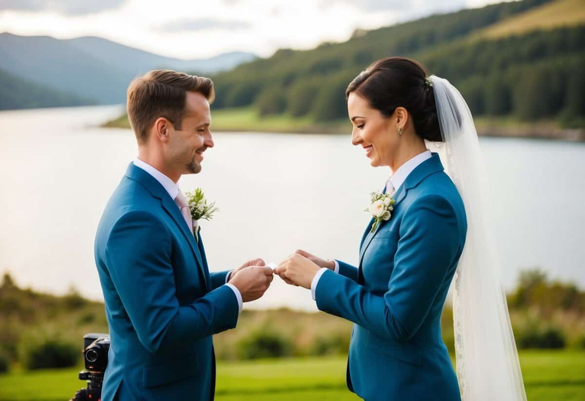 A bride and groom exchanging vows in a scenic outdoor setting, captured by a videographer with professional equipment