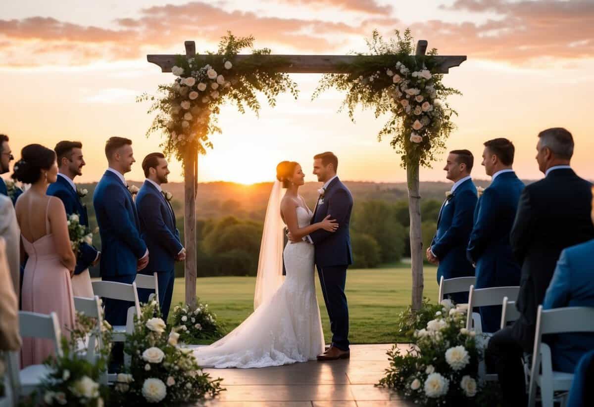 A picturesque outdoor wedding venue with a stunning sunset backdrop, capturing the romantic atmosphere and emotional moments of the ceremony