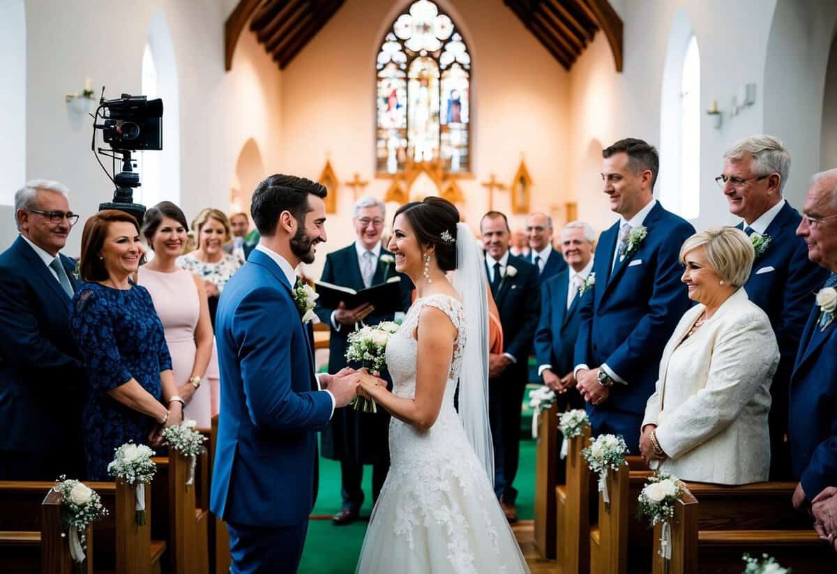 A bride and groom exchanging vows in a church, surrounded by family and friends, with a videographer capturing the ceremony