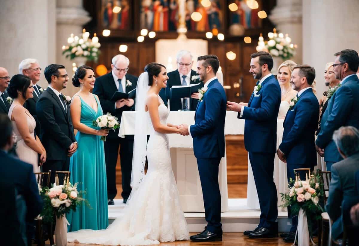 A bride and groom standing at the altar exchanging vows, surrounded by family and friends, with a videographer capturing the moment