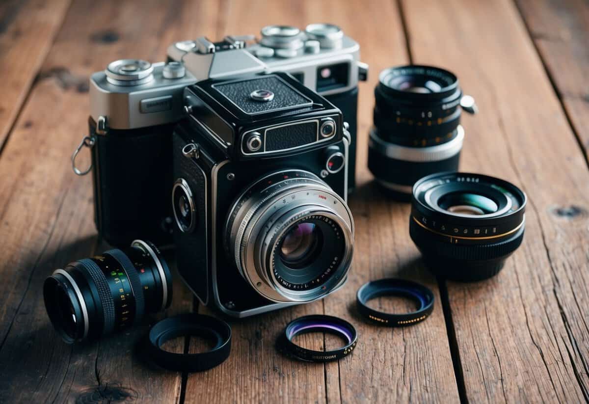 A wedding photographer's vintage film camera, surrounded by rolls of film and lenses, sits on a rustic wooden table
