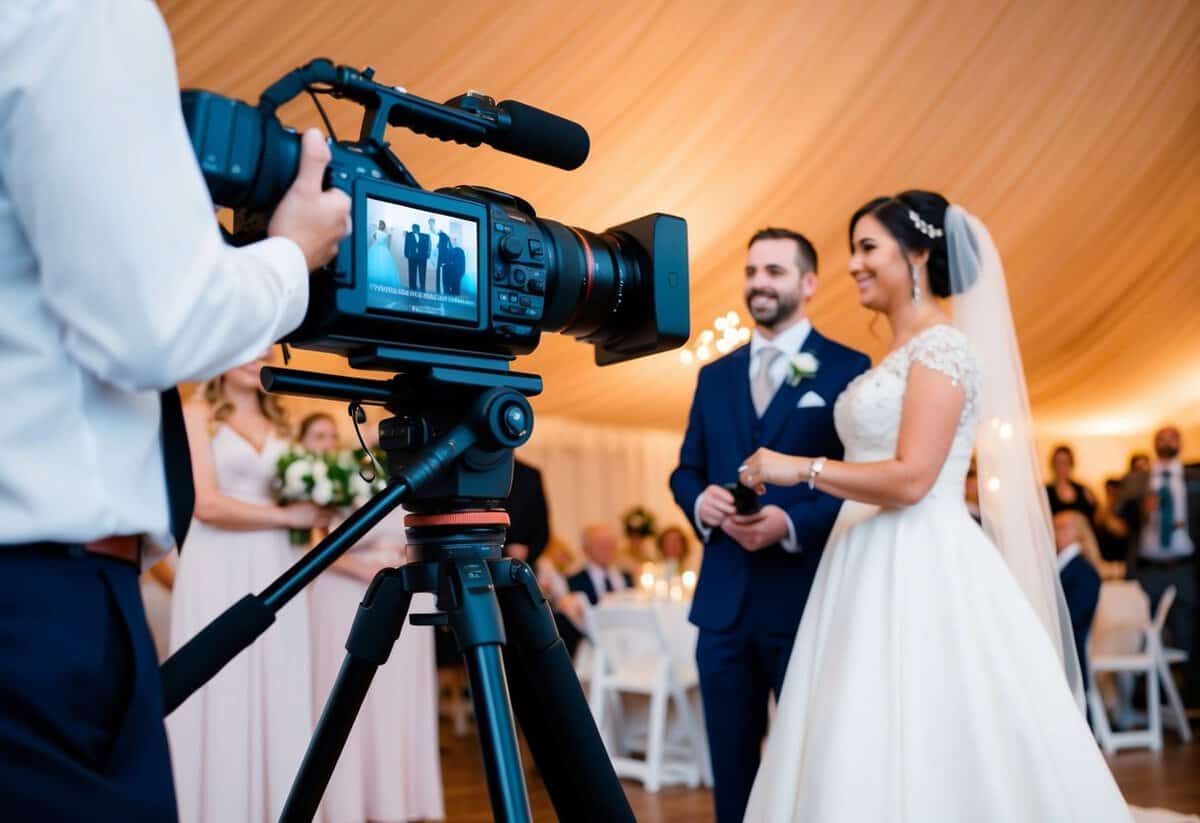 A wedding videographer capturing the ceremony and reception with a professional camera and tripod