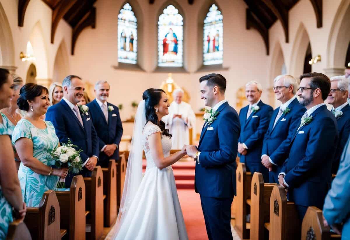 A traditional wedding videography scene with a couple exchanging vows in a church, surrounded by family and friends, with the videographer capturing the ceremony from a discreet distance