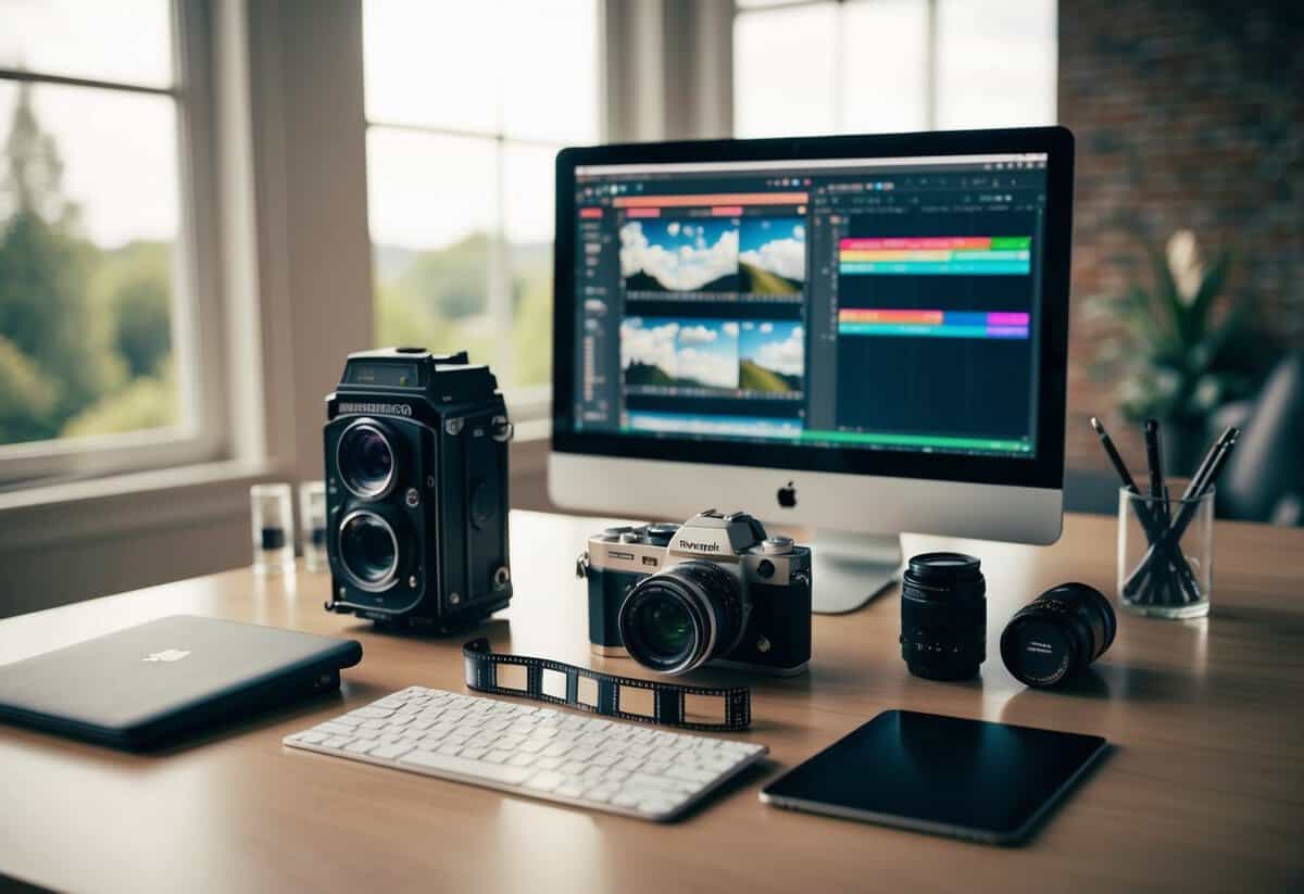 A wedding photographer's desk with film camera, rolls of film, and editing software displayed