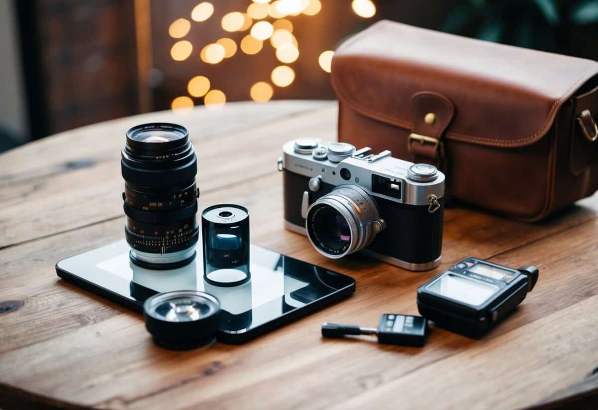 A table with a vintage camera, rolls of film, a light meter, and a leather camera bag