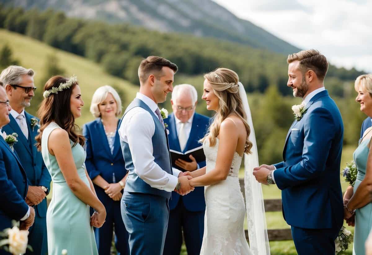 A couple exchanging vows in a scenic outdoor setting, surrounded by family and friends. The ceremony is captured from various angles, with a focus on emotional moments and details