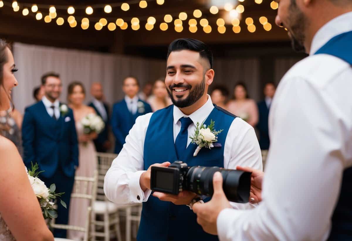 A wedding videographer capturing emotional moments and details at a ceremony and reception, focusing on storytelling and creating a cinematic narrative
