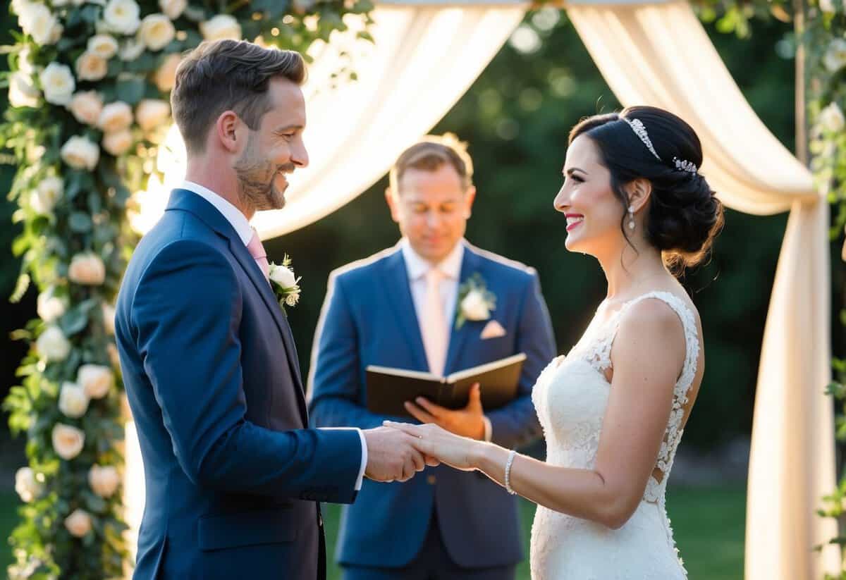 A bride and groom exchange vows in a beautifully decorated outdoor setting as a videographer captures the special moments