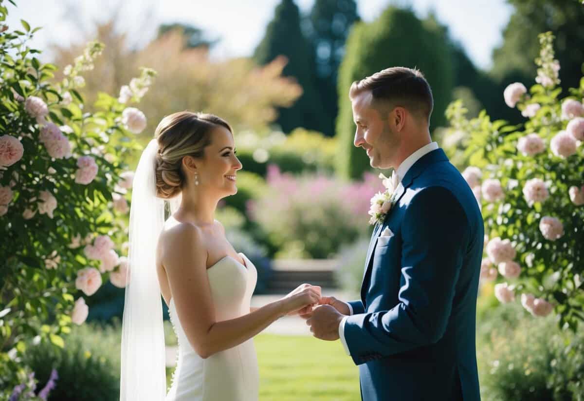 A bride and groom exchanging vows in a sunlit garden, surrounded by blooming flowers and serene natural beauty