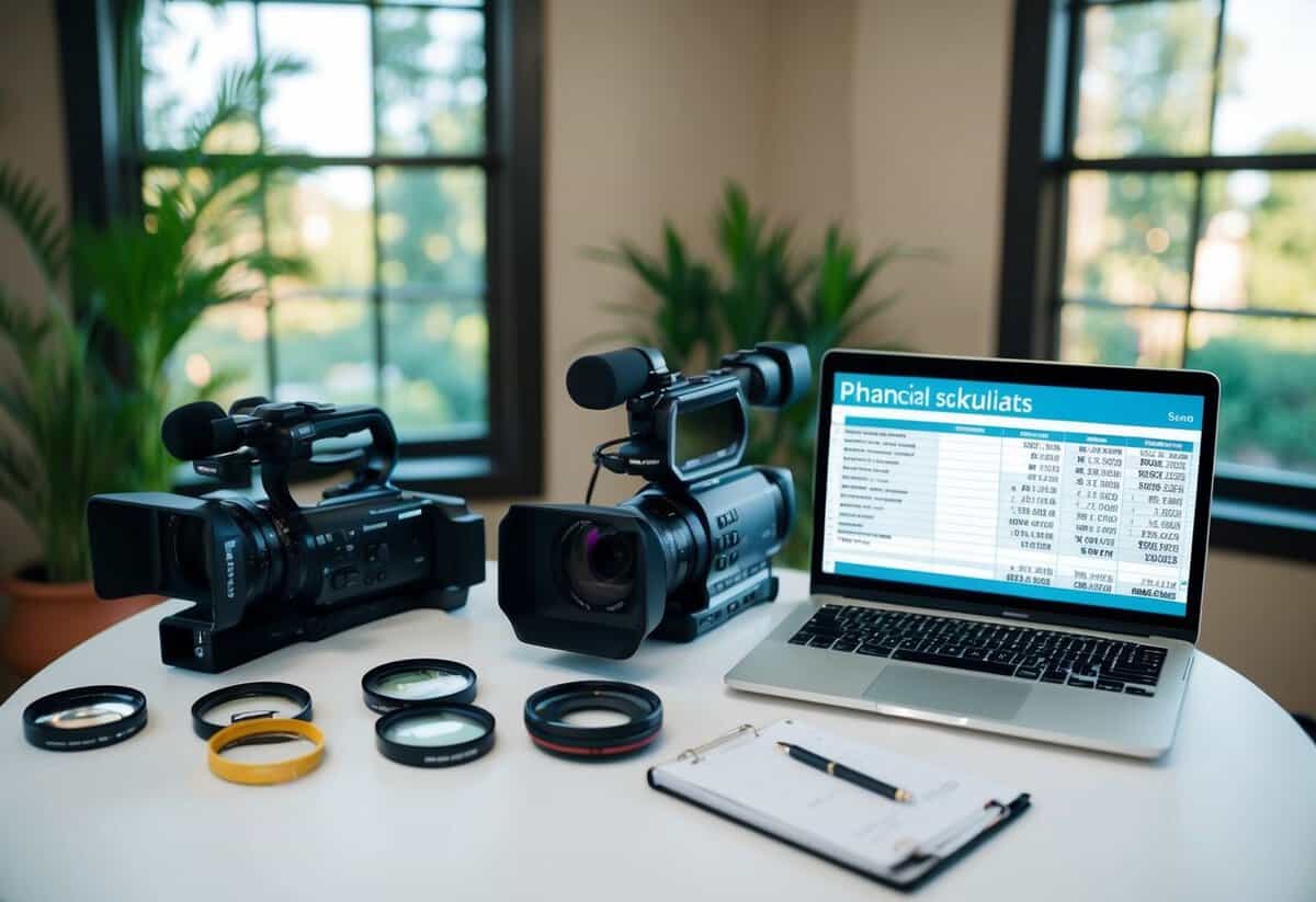 A couple's wedding video camera and equipment arranged neatly on a table with a laptop open to a financial spreadsheet showing profit calculations