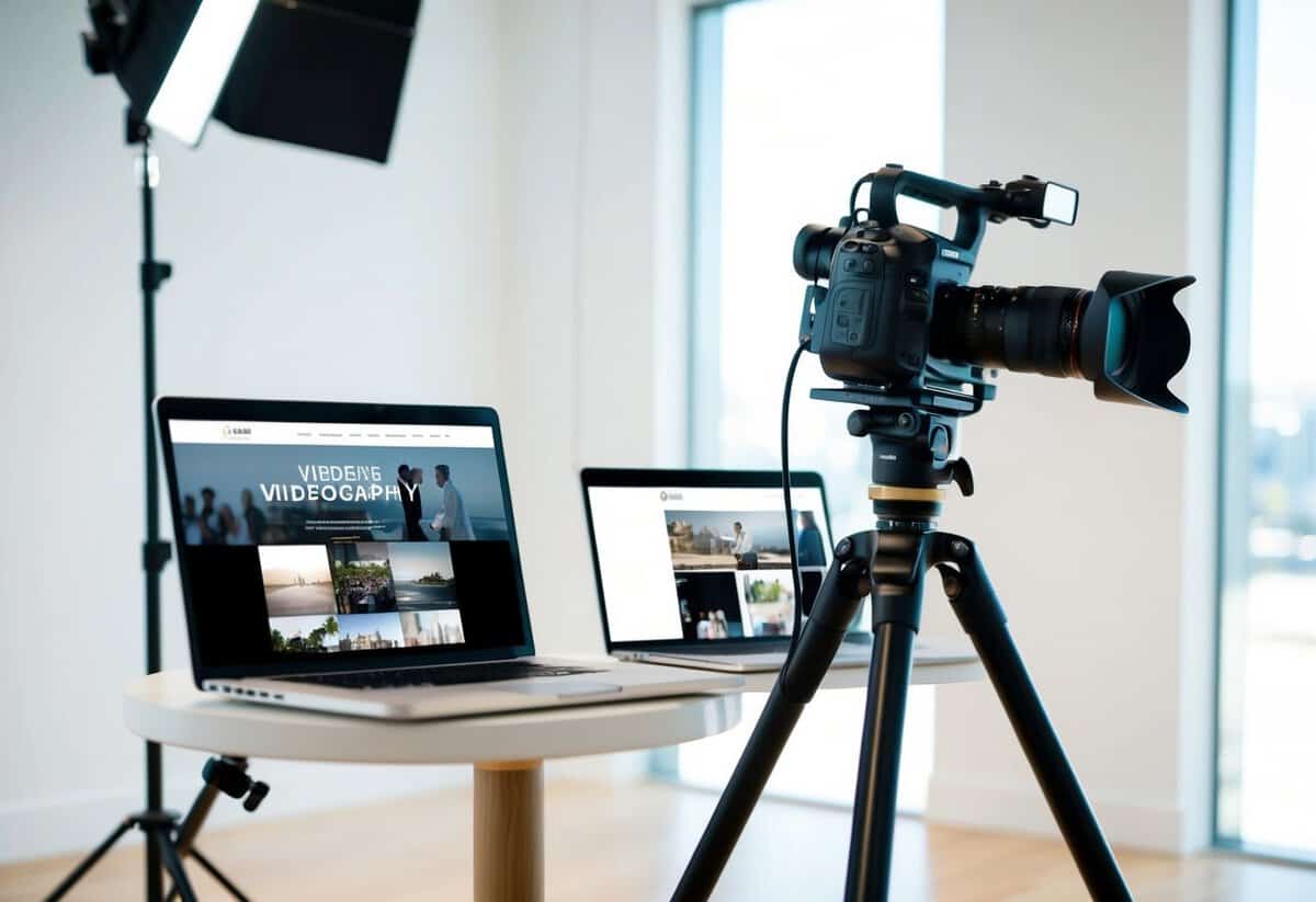 A videographer's camera, tripod, and lighting equipment set up in a bright, modern studio. A laptop displays a sleek website showcasing wedding videography