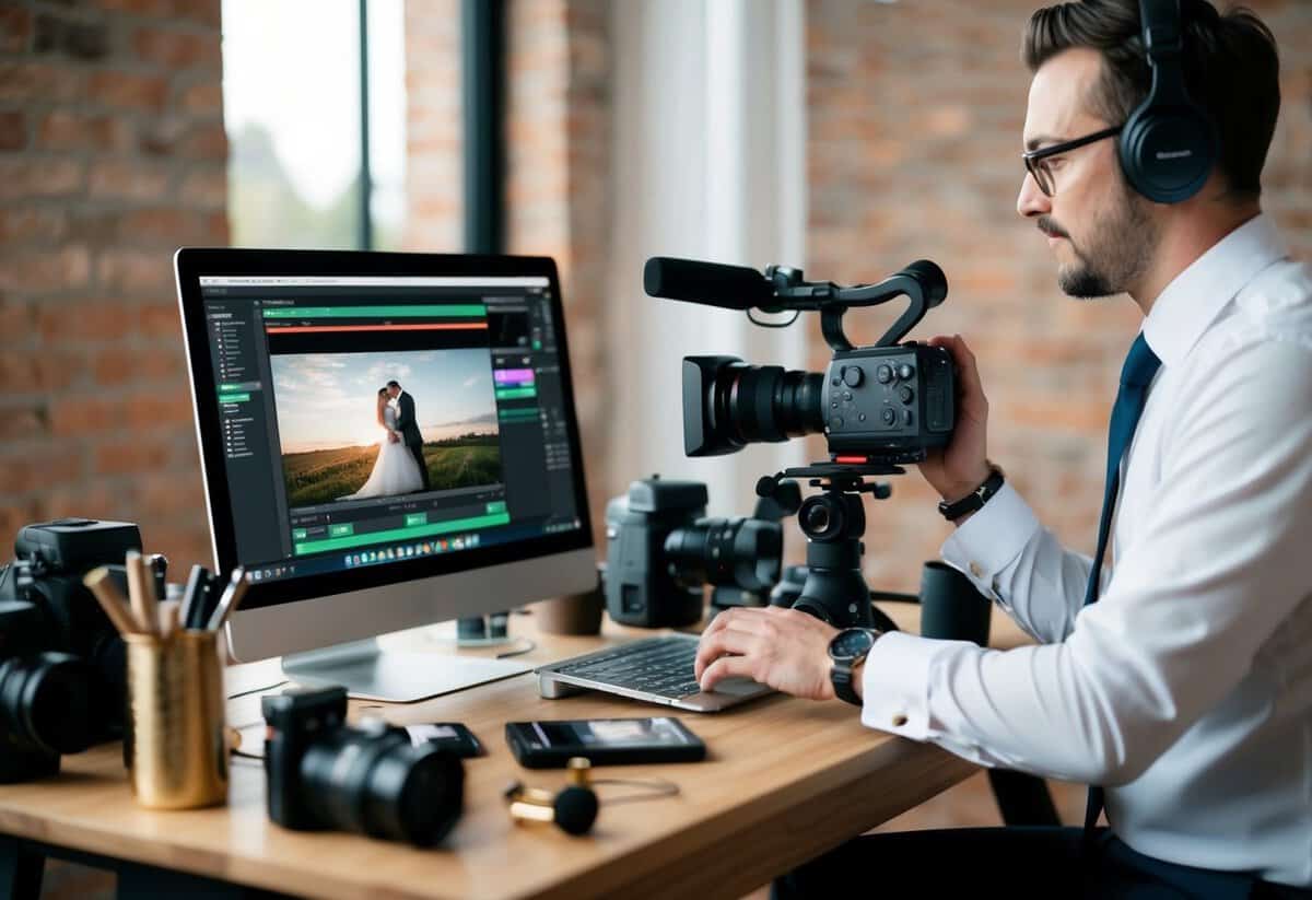A wedding videographer editing footage on a computer, surrounded by camera equipment and creative props