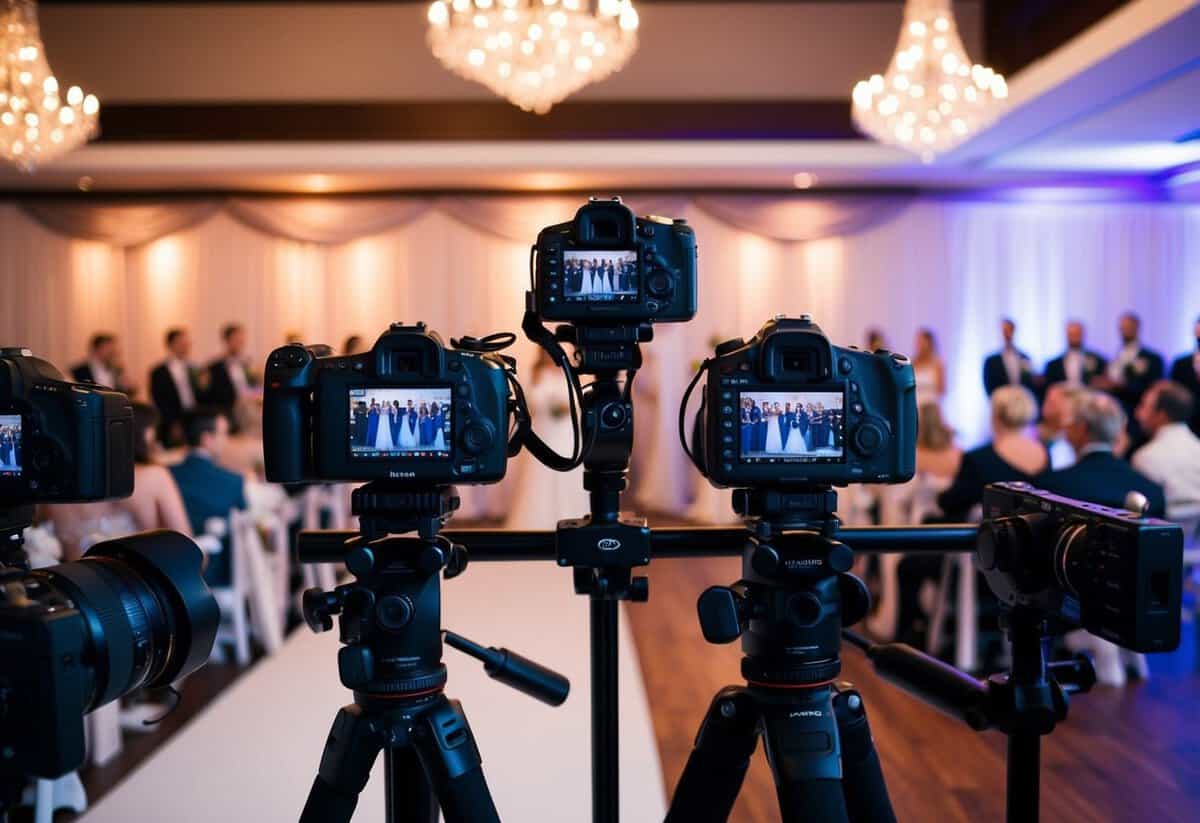 Multiple cameras set up at different angles capturing a wedding ceremony and reception