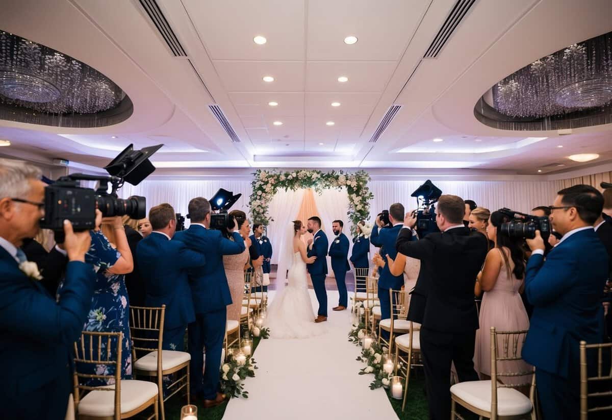 Multiple cameras capturing different angles of a wedding ceremony and reception, set up strategically around the venue to capture all the important moments