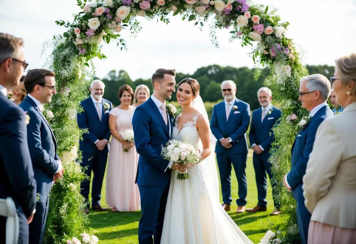 A bride and groom standing under a floral arch, surrounded by family and friends, while a photographer captures the moment with a vintage camera