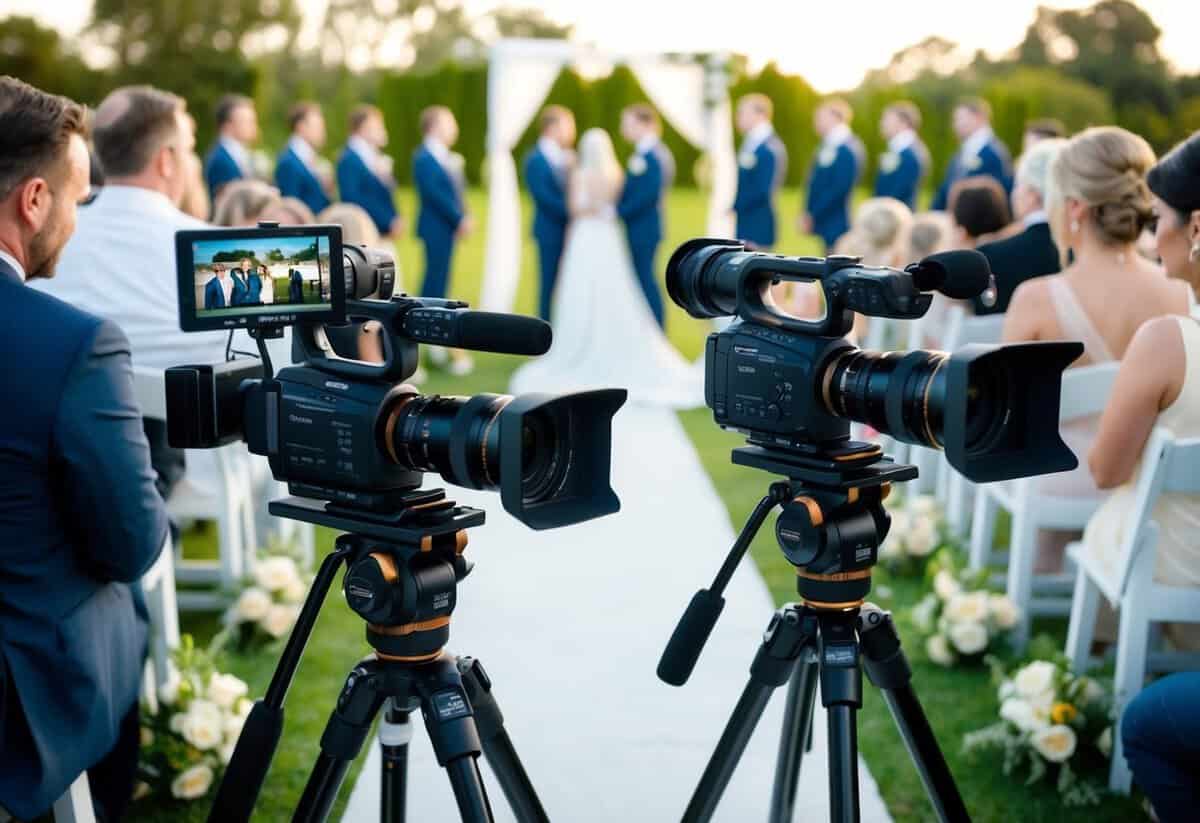 A wedding videographer's camera setup: two high-quality cameras on tripods, one capturing the ceremony, the other focused on close-ups and details