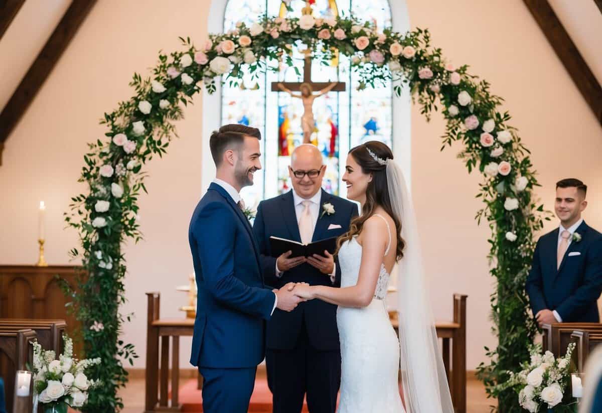 A bride and groom standing side by side, exchanging vows under a floral archway in a church or outdoor setting