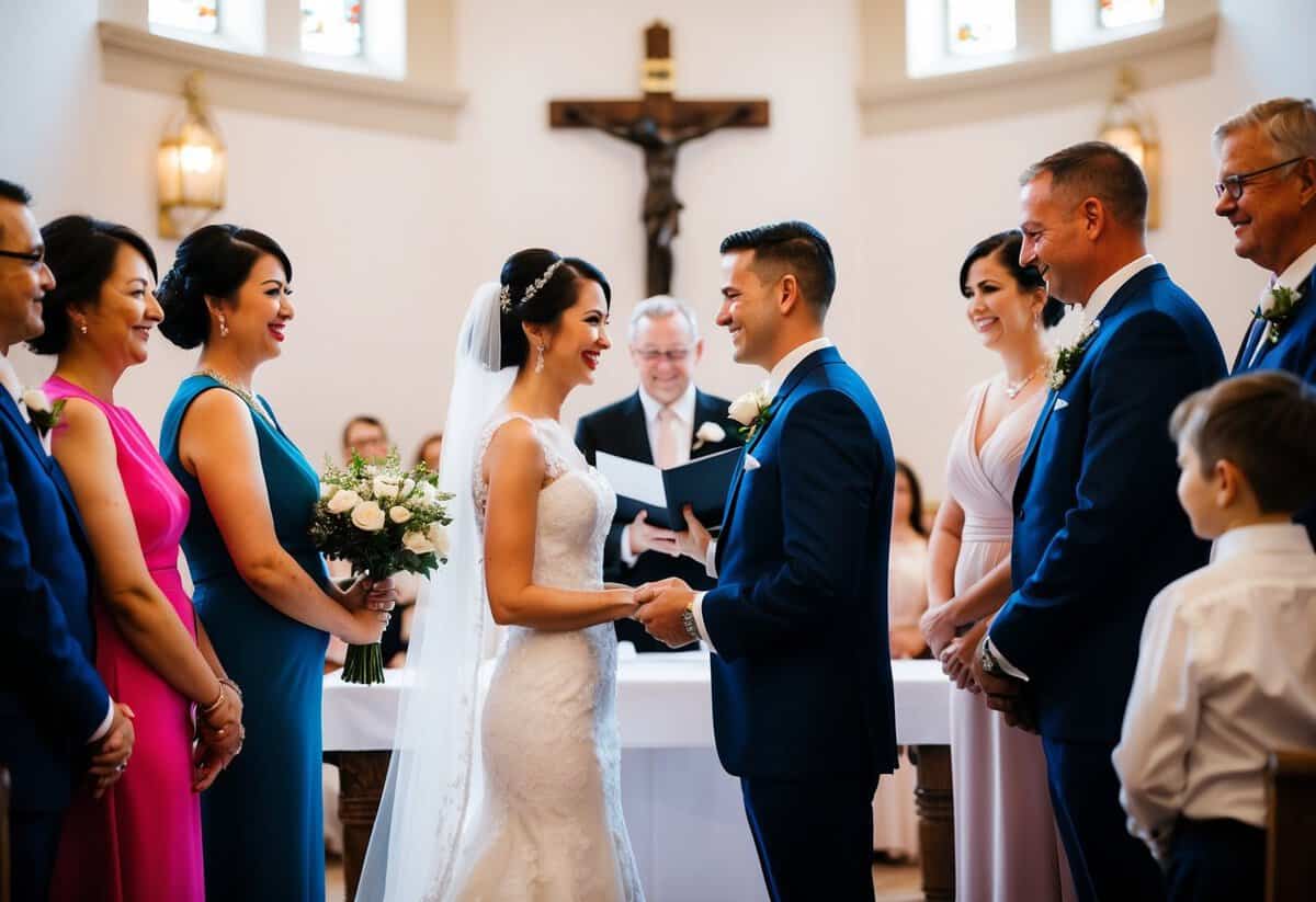 A traditional wedding photographer captures the bride and groom exchanging vows at the altar, surrounded by family and friends