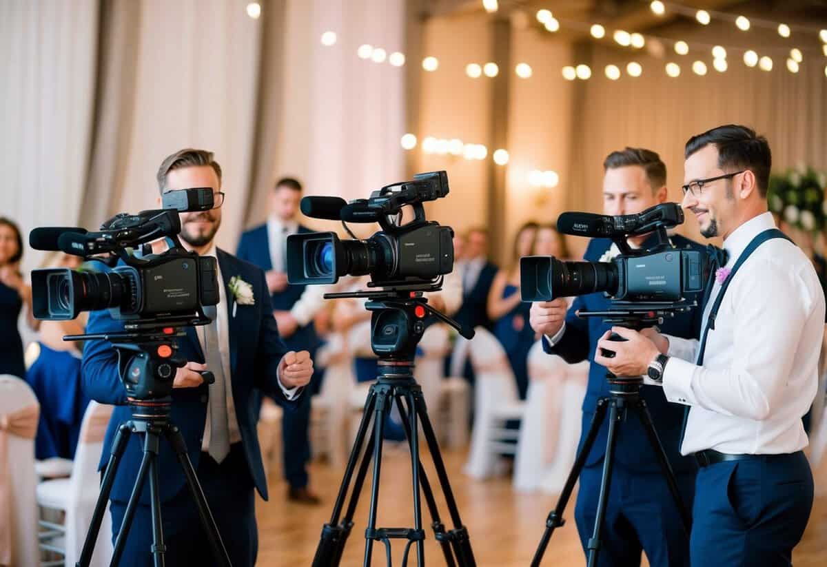 A wedding videographer sets up multiple cameras at different angles to capture the ceremony, reception, and candid moments