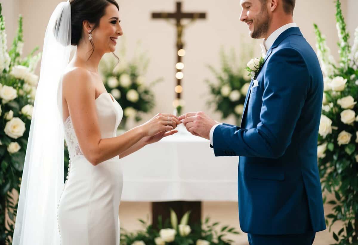 A bride and groom stand facing each other, exchanging rings at the altar, surrounded by floral arrangements and soft lighting