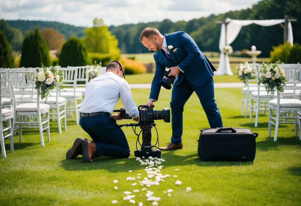 A wedding videographer setting up cameras and equipment at a beautiful outdoor ceremony venue