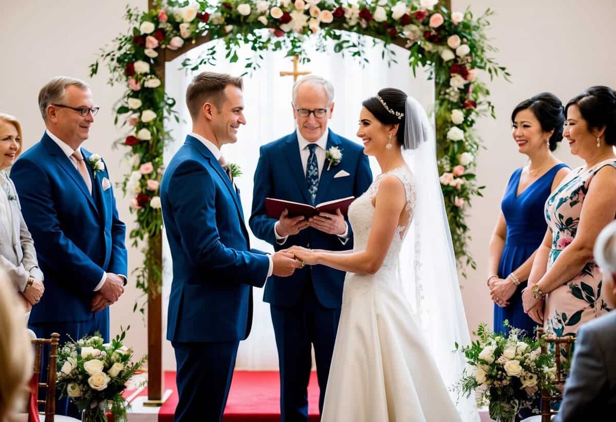 A bride and groom standing at the altar exchanging vows, surrounded by family and friends, with a traditional wedding arch and floral decorations in the background