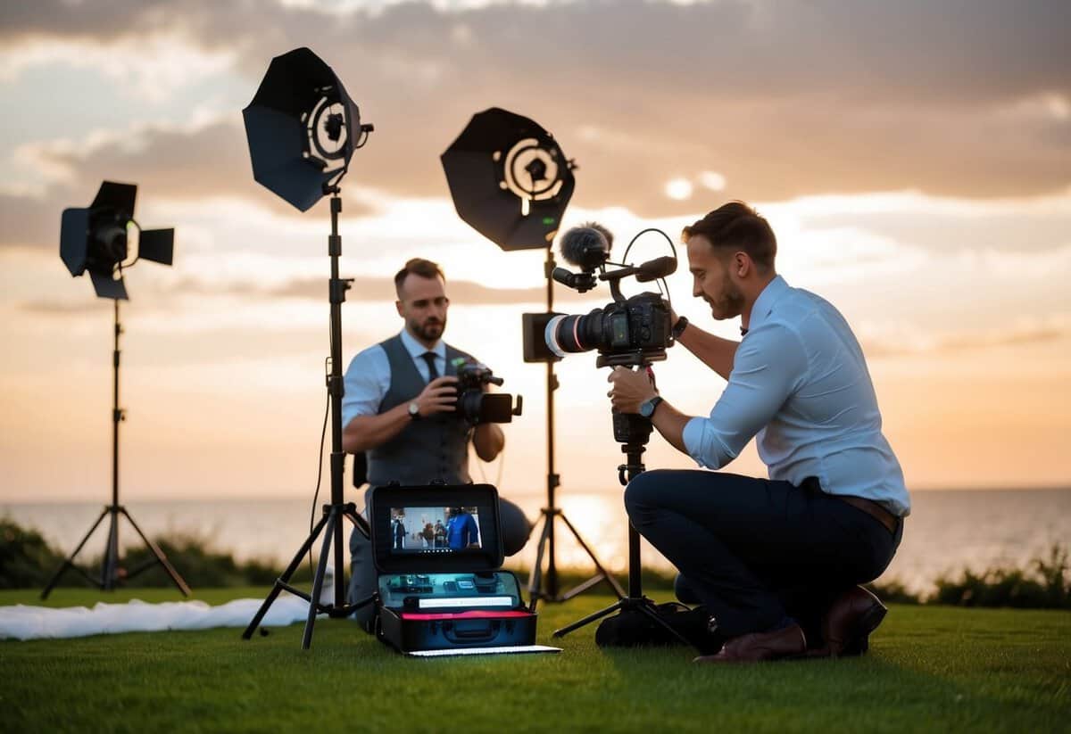 A wedding videographer sets up camera equipment and lighting for a romantic outdoor ceremony