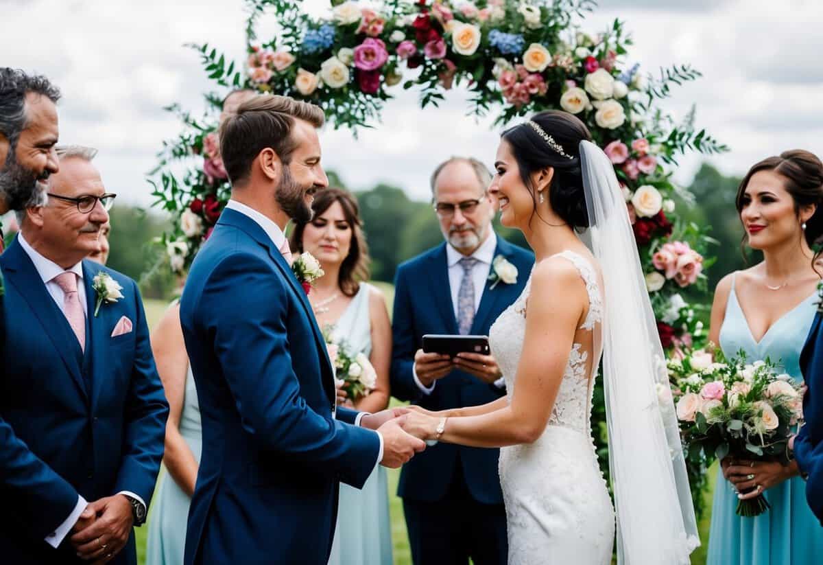 A bride and groom exchanging vows under a floral arch, surrounded by family and friends, with a professional videographer capturing the emotional moments