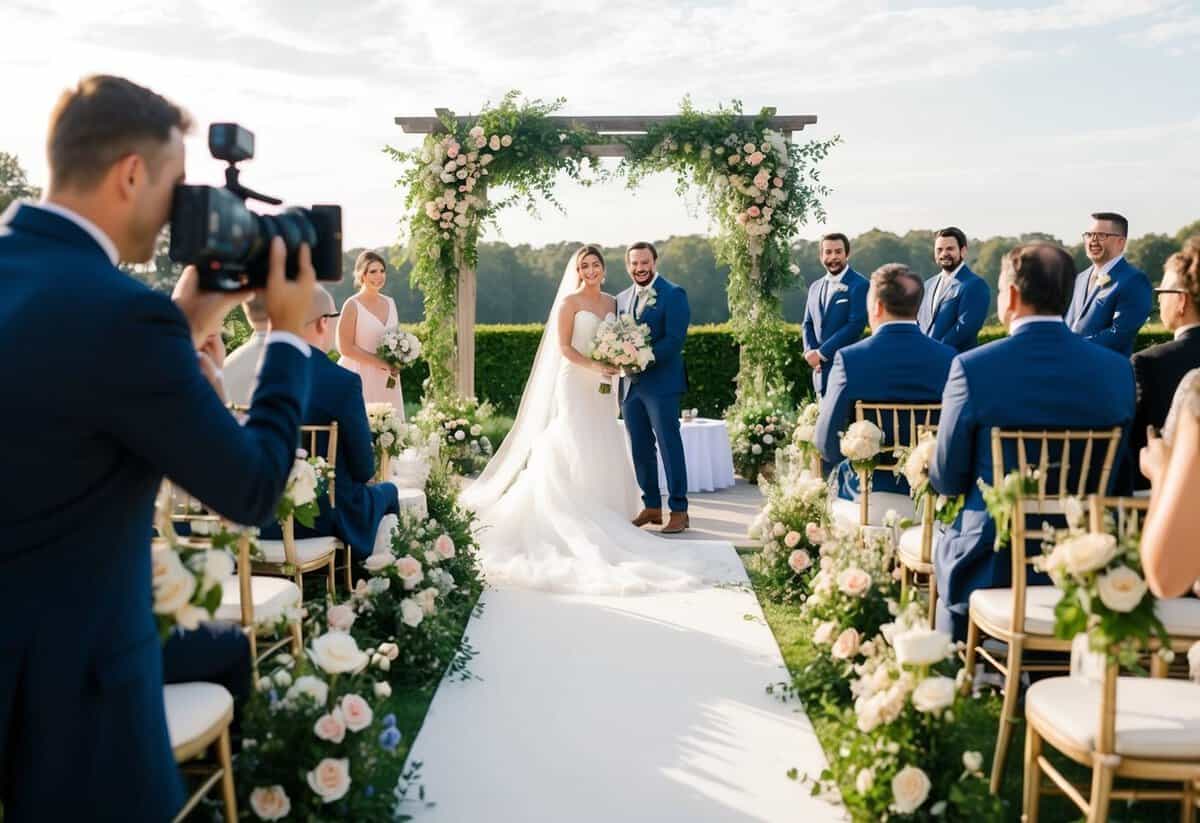 A wedding ceremony with a beautiful outdoor setting, decorated with flowers and elegant seating, with a videographer capturing the joyful atmosphere