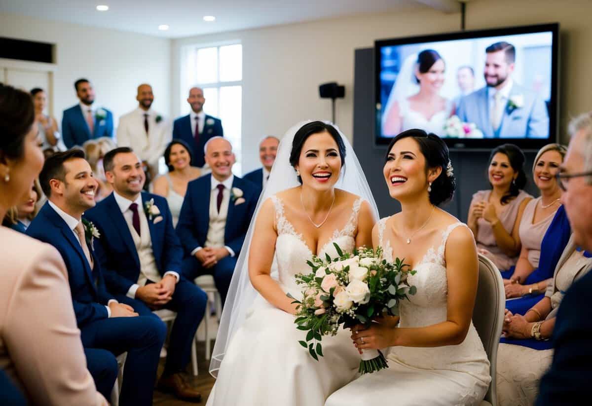 A bride and groom watching their wedding video on a large screen, surrounded by family and friends, with tears of joy in their eyes