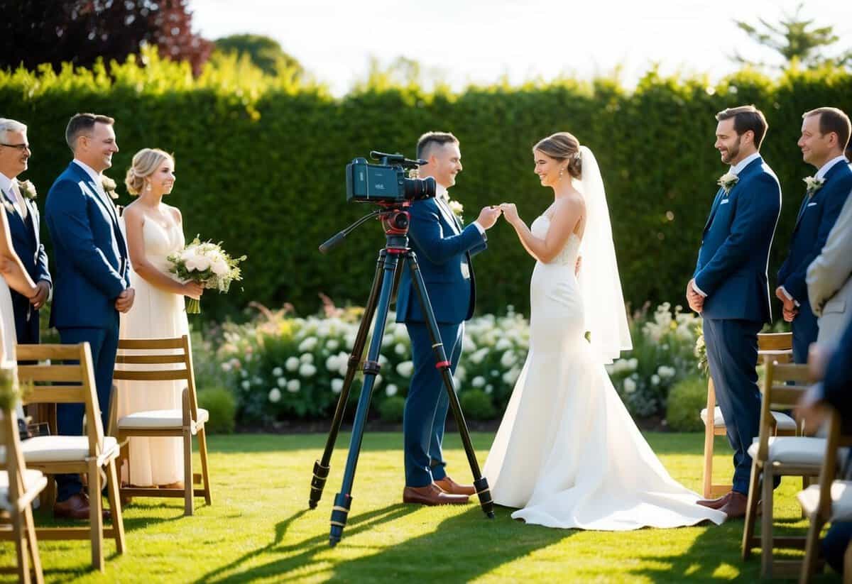 A camera on a tripod captures the bride and groom exchanging vows in a sunlit garden, surrounded by family and friends