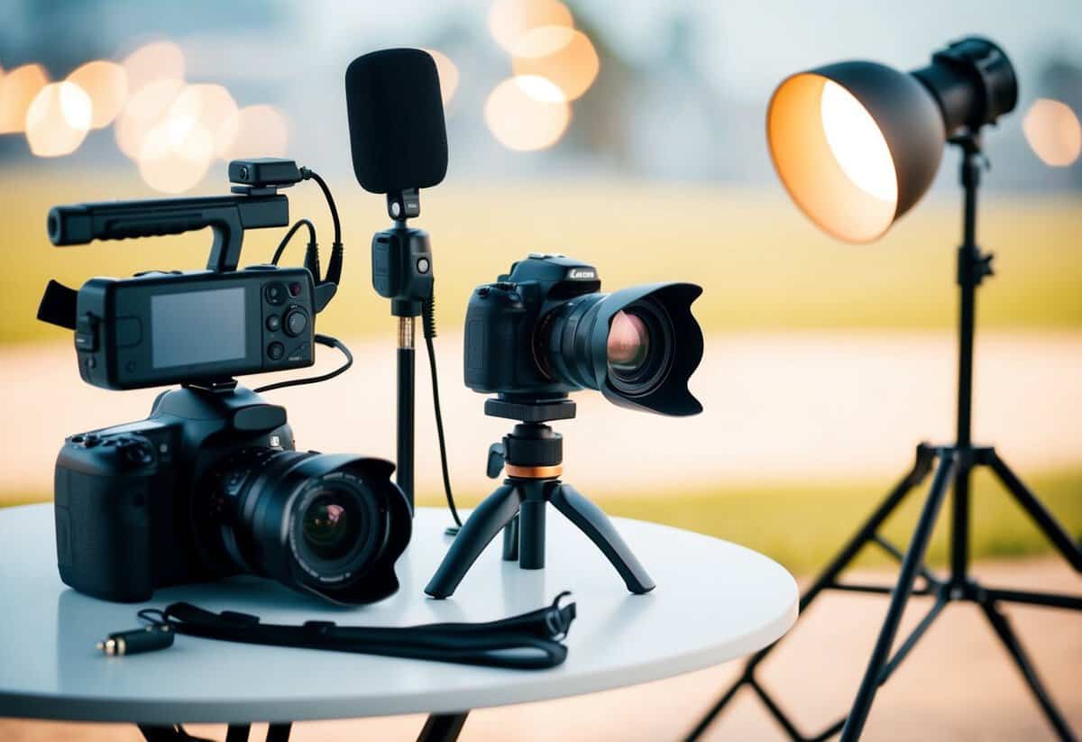 A table with a camera, tripod, microphone, and lighting equipment set up for DIY wedding videography