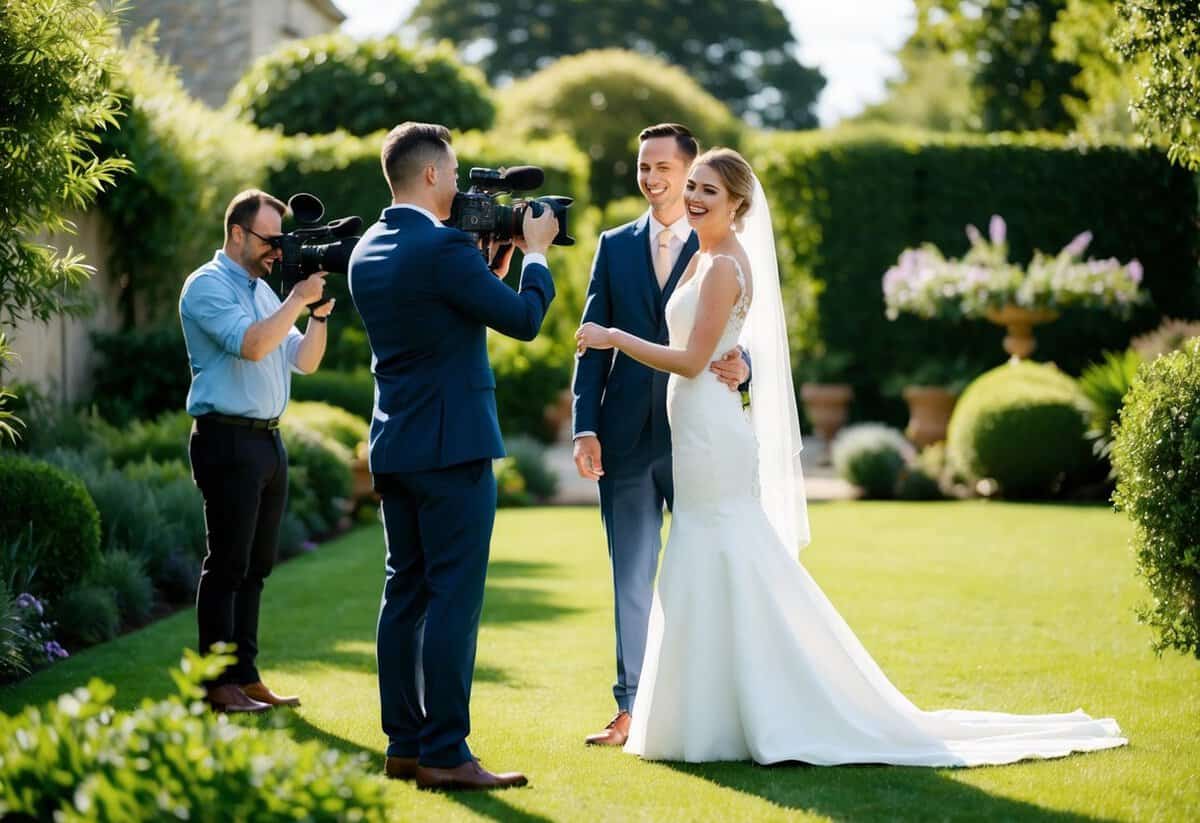 A bride and groom stand in a lush garden, with a photographer capturing their intimate moments while a videographer records their joyful celebration