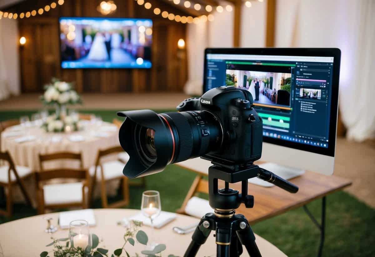 A camera on a tripod captures a wedding venue with decorations and seating, as a computer screen shows video editing software in the background