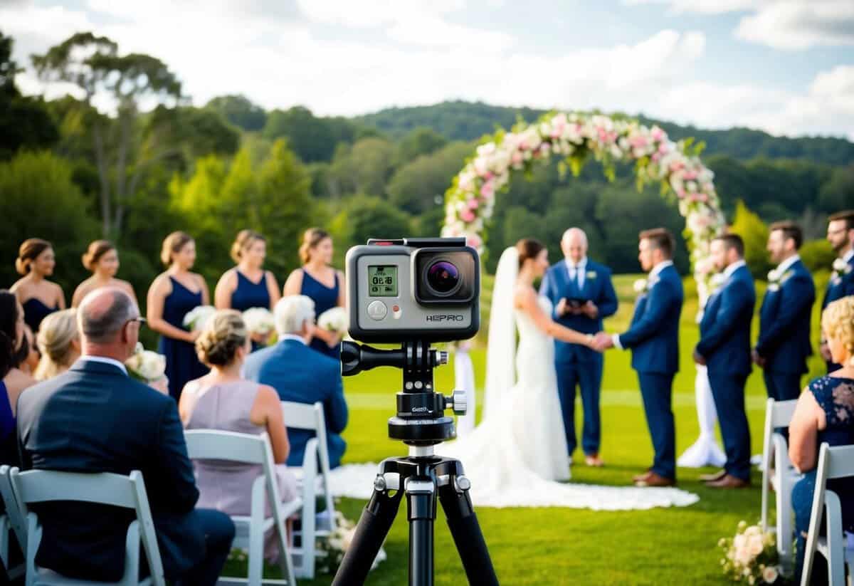 A GoPro mounted on a tripod captures a scenic outdoor wedding ceremony, with guests and the couple exchanging vows under a floral arch