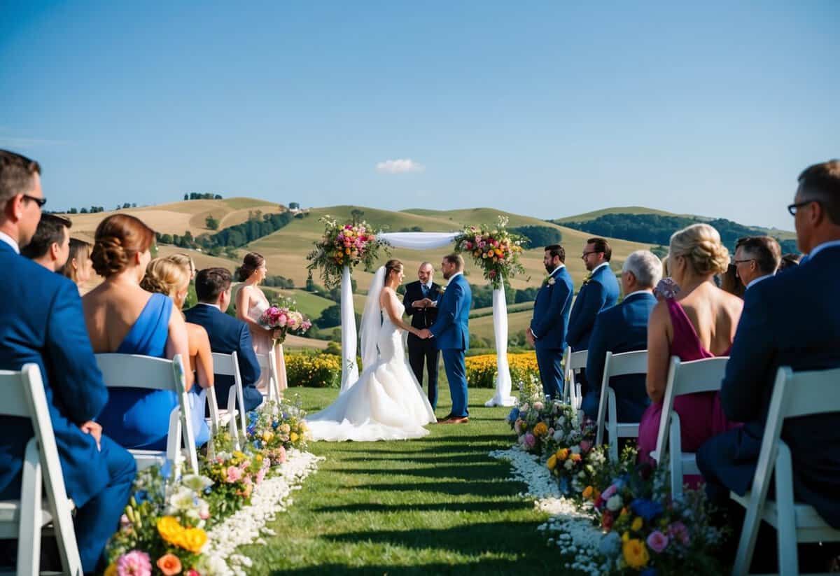 A romantic outdoor wedding ceremony with a picturesque backdrop of rolling hills, colorful flowers, and a clear blue sky