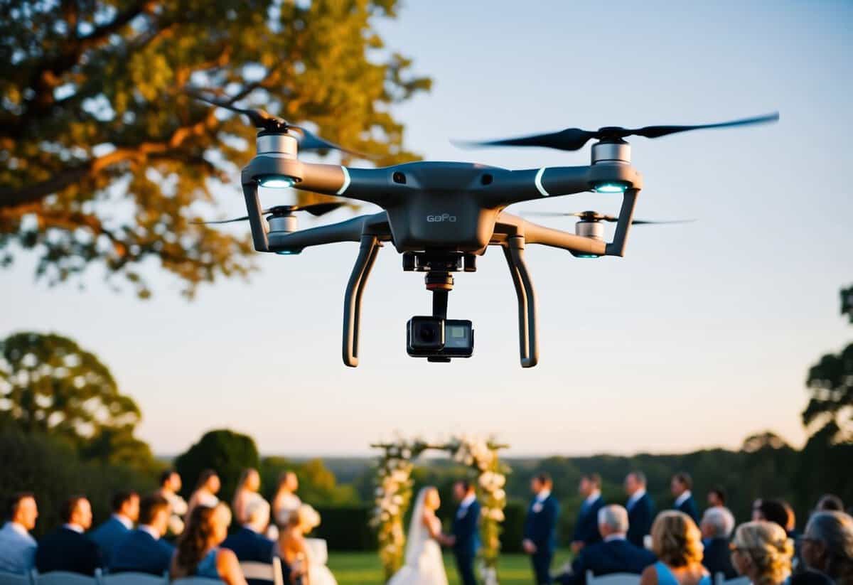 A GoPro mounted on a drone captures a sweeping aerial view of a picturesque outdoor wedding ceremony