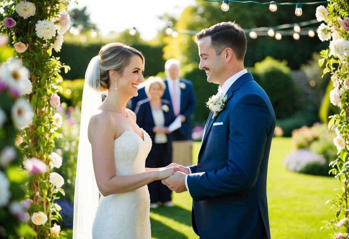 A bride and groom exchange vows in a sun-drenched garden, surrounded by blooming flowers and twinkling fairy lights