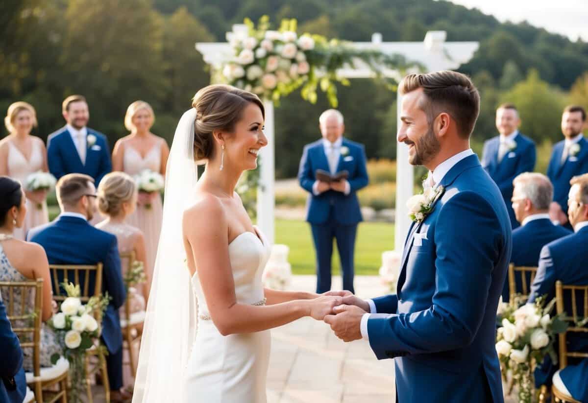 A wedding ceremony with a couple exchanging vows at a picturesque outdoor venue, with guests seated and a soft, romantic ambiance