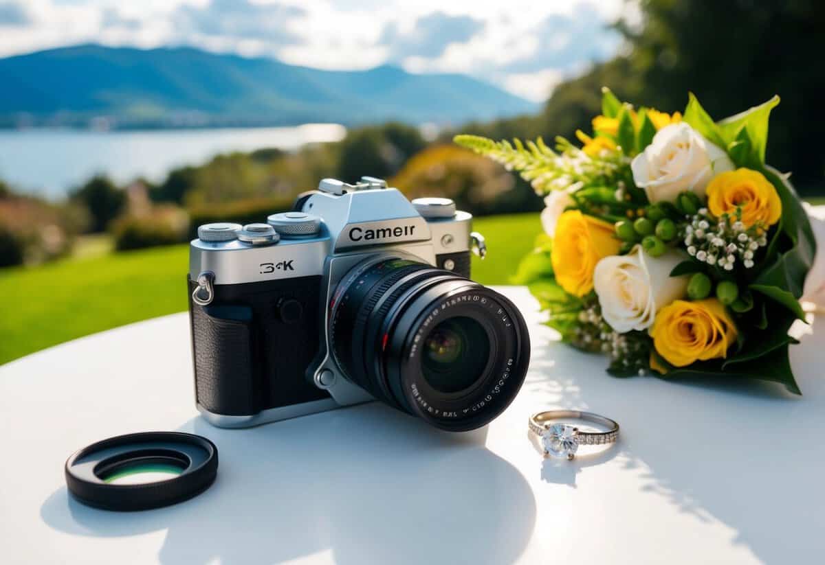 A camera with adjustable settings sits on a table next to a bouquet of flowers and a wedding ring. The camera is pointed towards a picturesque outdoor setting
