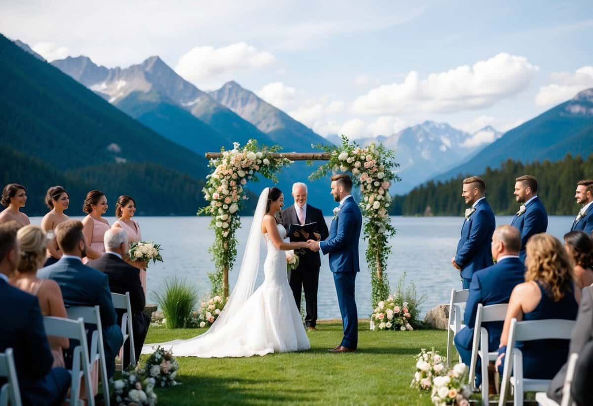 A beautiful outdoor wedding ceremony with a scenic backdrop of mountains and a serene lake, with the bride and groom exchanging vows under a floral arch